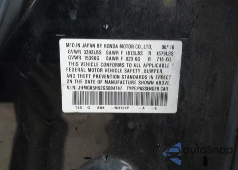 2016 Honda Fit Lx z USA, uszkodzony, nr VIN JHMGK5H52GS004747